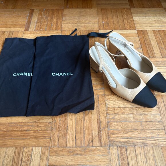 Chanel Classic Slingback Pumps – Beige & Black (Goatskin & Grosgrain) - Picture 5 of 9